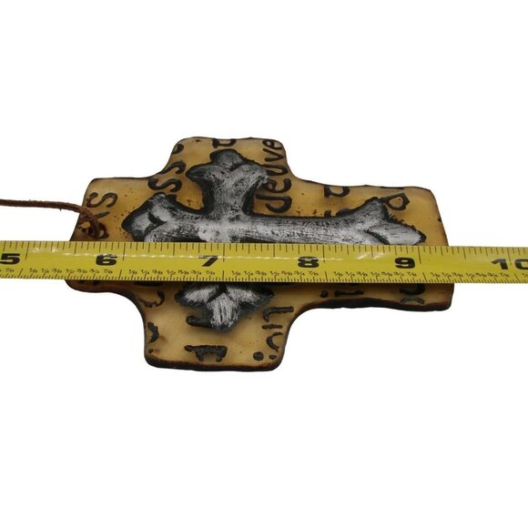 Hanging Religious Cross Christian Glass Ornament 5" Leather Hardware Collectible - Picture 8 of 11